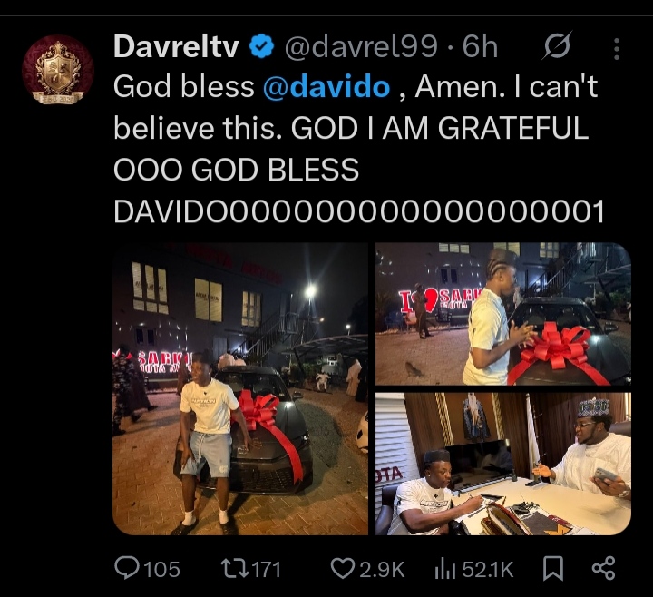 Davido Trends Again: Leaked Song Sparks Buzz as Davrel Receives Car Gift 3 1000327825