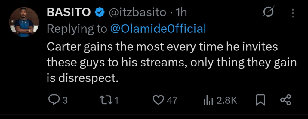 Carter Efe Faces Backlash After Cutting Off Young Duu During Livestream 3 @OlamideOfficial reply to Basito on X